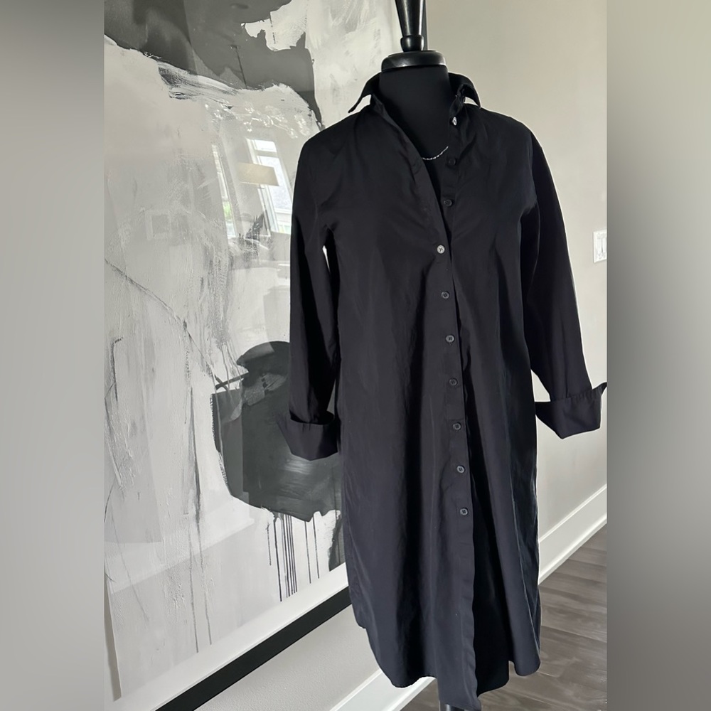 Nordstrom Pleat Back Poplin Duster black button down collared shirt dress XS